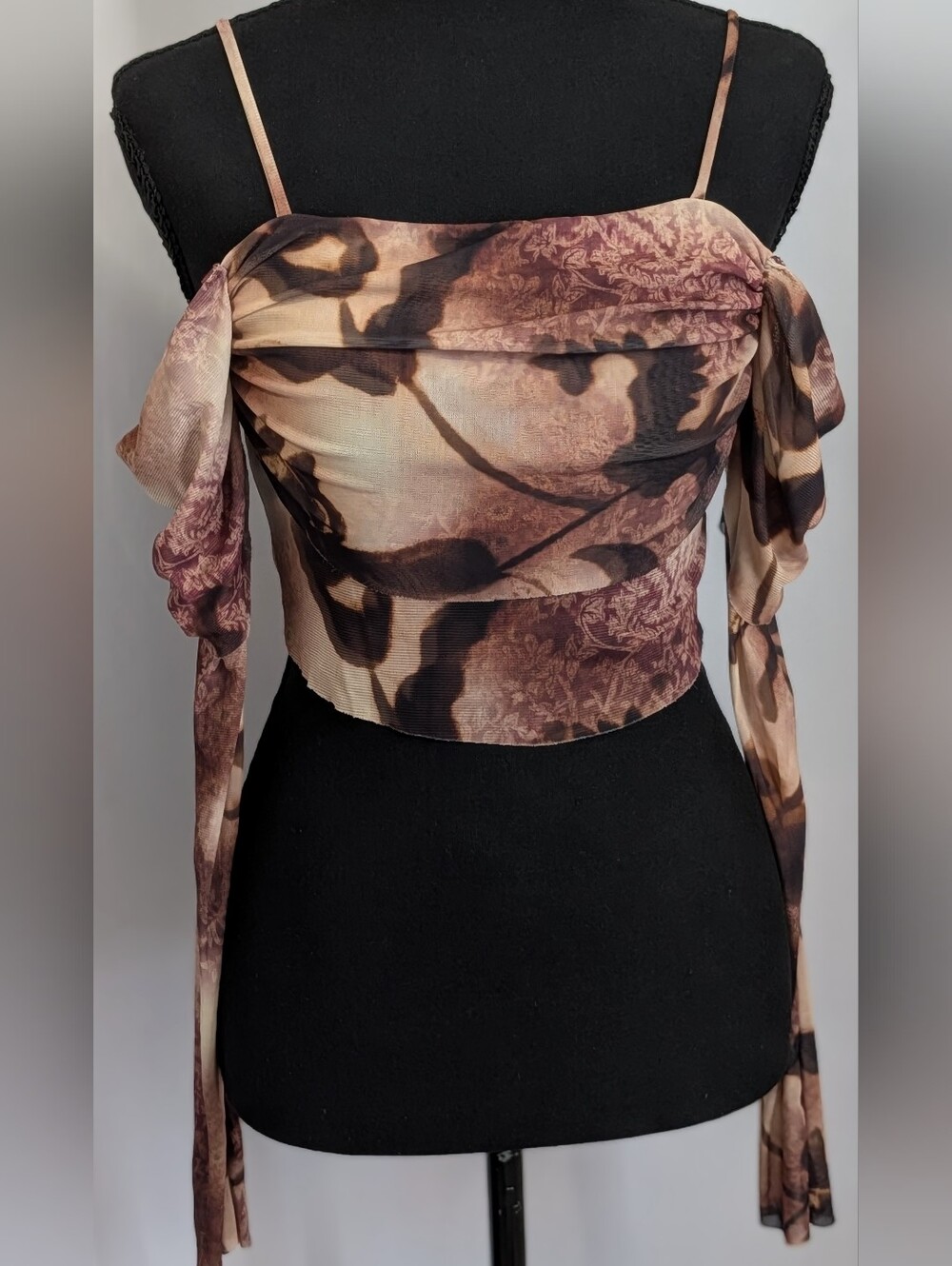 Silence + Noise Mesh Off Shoulder Draped Sleeve Crop Top Brown Size S